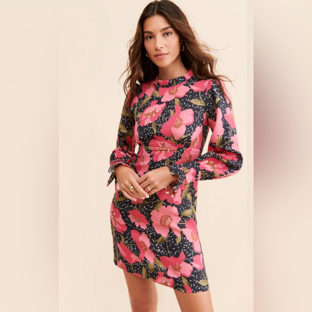 Anthropologie Kachel Floral Linen Dress Floral Open Back Cutout Mini Longsleeve